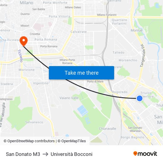 San Donato M3 to Università Bocconi map