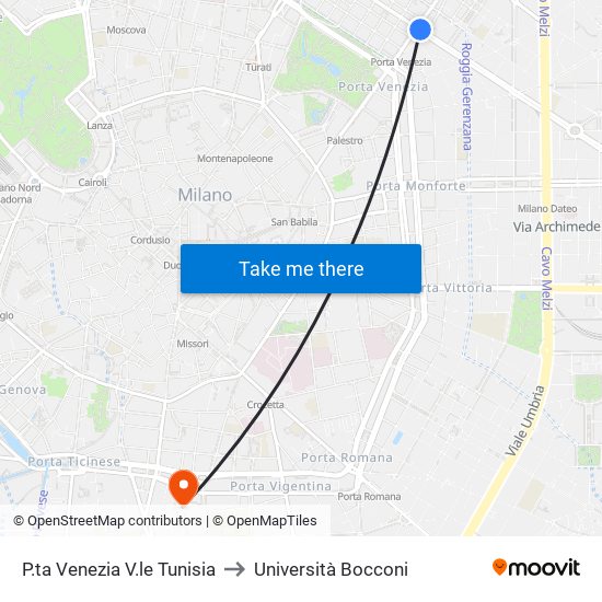 P.ta Venezia V.le Tunisia to Università Bocconi map