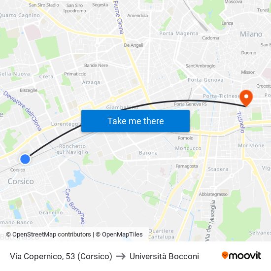 Via Copernico, 53 (Corsico) to Università Bocconi map