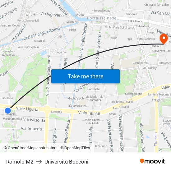 Romolo M2 to Università Bocconi map
