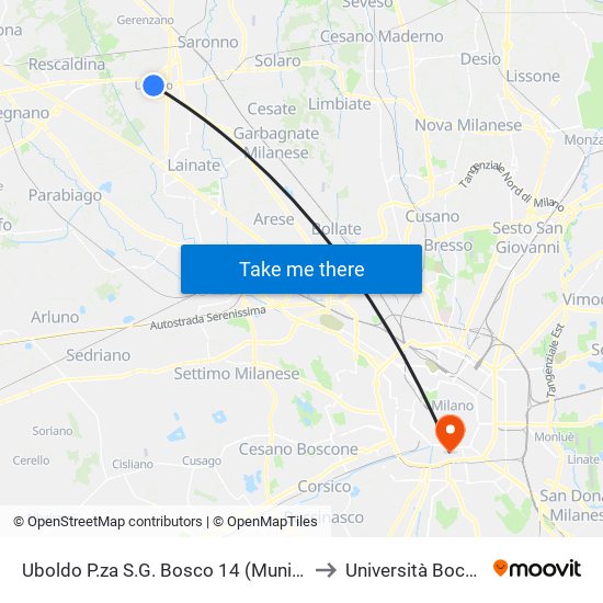 Uboldo P.za S.G. Bosco 14 (Municipio) to Università Bocconi map