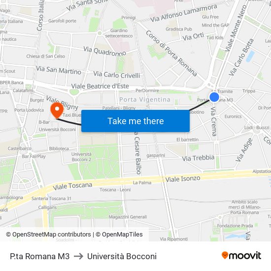 P.ta Romana M3 to Università Bocconi map