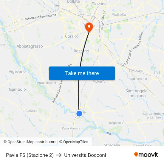 Pavia FS (Stazione 2) to Università Bocconi map