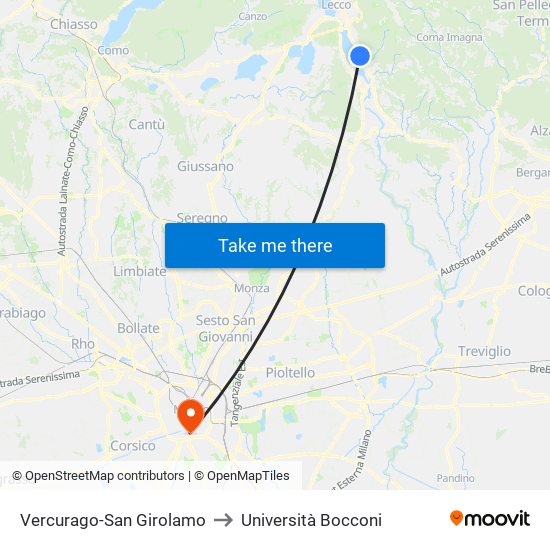 Vercurago-San Girolamo to Università Bocconi map