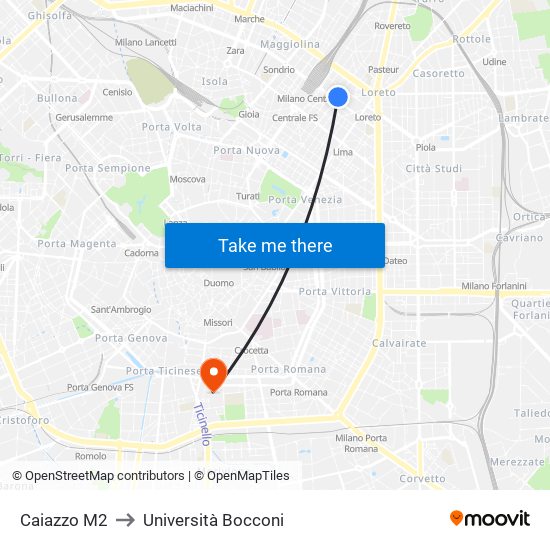 Caiazzo M2 to Università Bocconi map