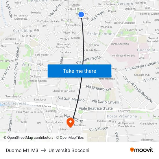 Duomo M1 M3 to Università Bocconi map