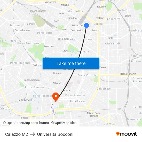 Caiazzo M2 to Bocconi University map
