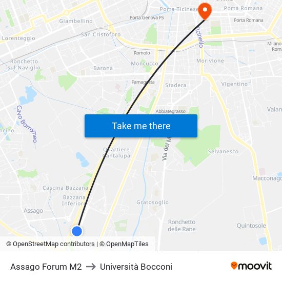 Assago Forum M2 to Università Bocconi map