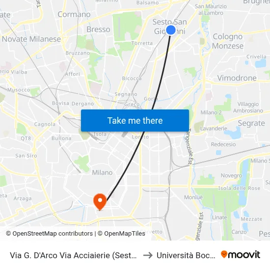 G. D'Arco Street Acciaierie Street (Sesto S. G.) to Bocconi University map