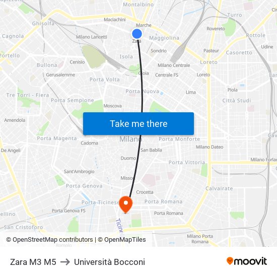 Zara M3 M5 to Università Bocconi map