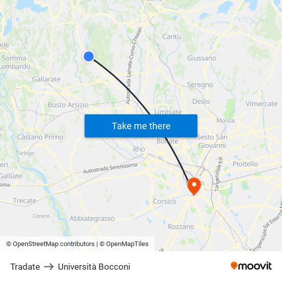 Tradate to Università Bocconi map