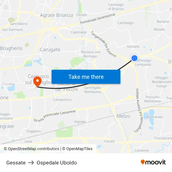 Gessate to Ospedale Uboldo map