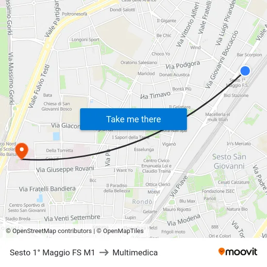 Sesto 1° Maggio FS M1 to Multimedica map