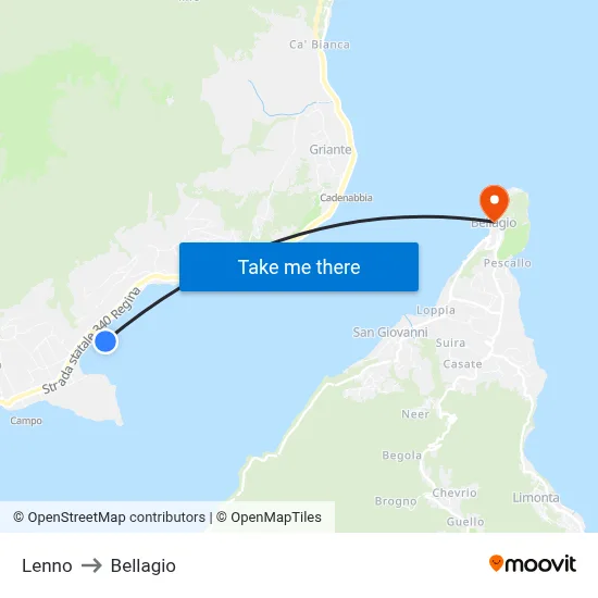 Lenno to Bellagio map