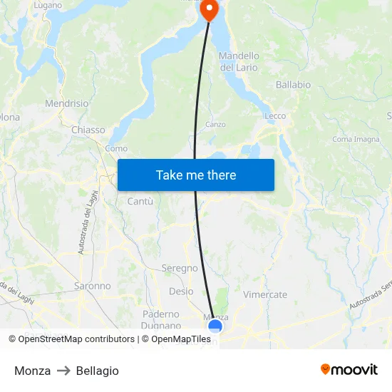 Monza to Bellagio map