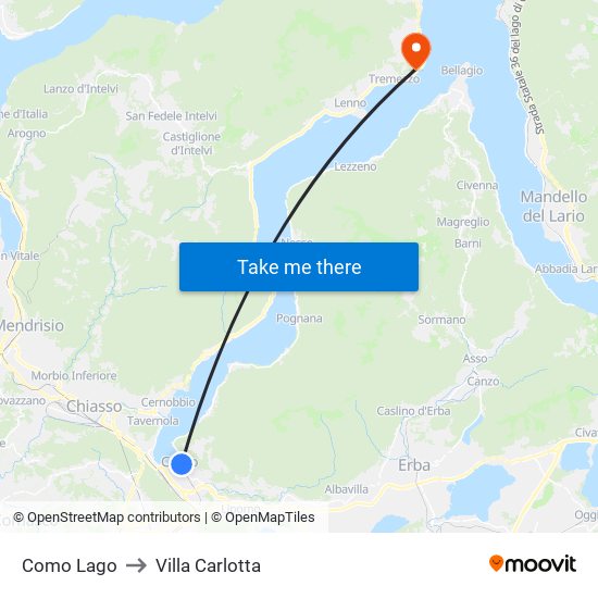 Como Lago to Villa Carlotta map