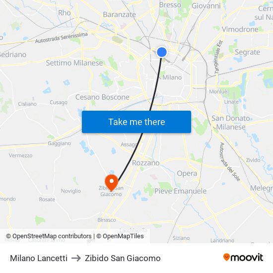 Milano Lancetti to Zibido San Giacomo map