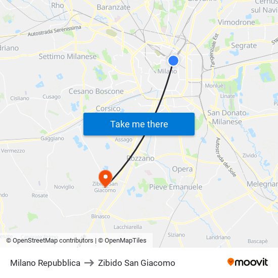 Milano Repubblica to Zibido San Giacomo map