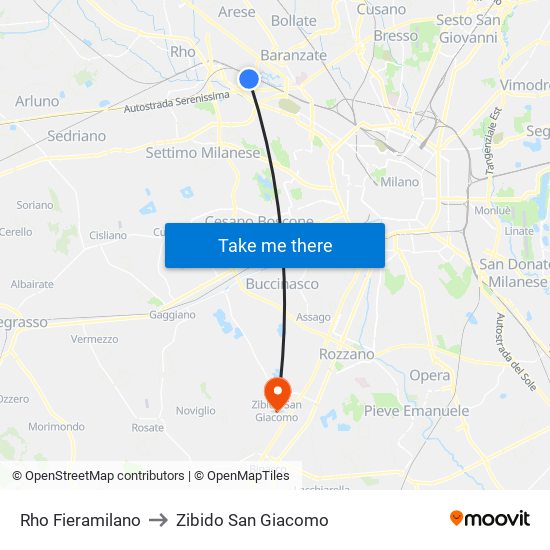 Rho Fieramilano to Zibido San Giacomo map