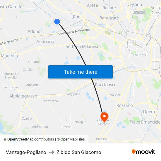 Vanzago-Pogliano to Zibido San Giacomo map
