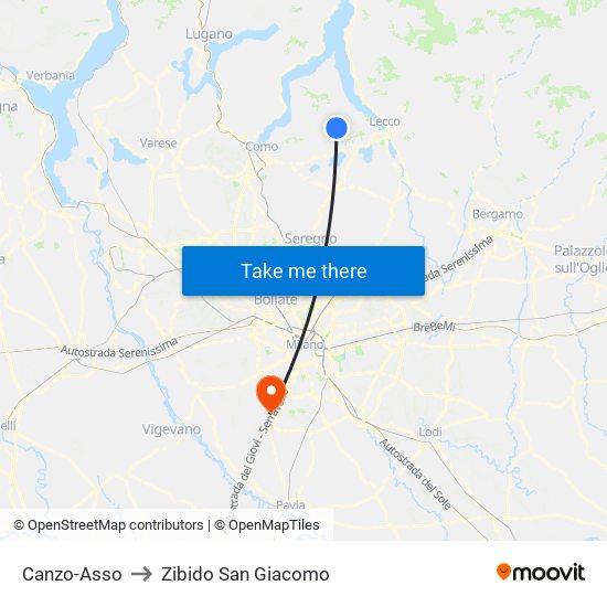 Canzo-Asso to Zibido San Giacomo map
