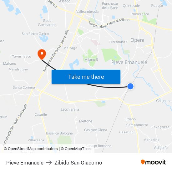 Pieve Emanuele to Zibido San Giacomo map