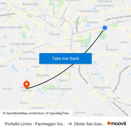 Pioltello Limito - Parcheggio Via Monza to Zibido San Giacomo map