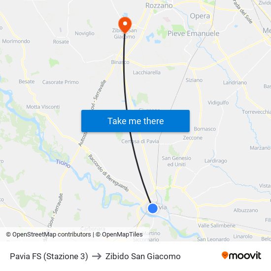 Pavia FS (Stazione 3) to Zibido San Giacomo map