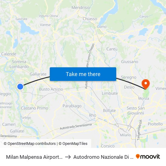 Milan Malpensa Airport (Mxp) to Autodromo Nazionale Di Monza map