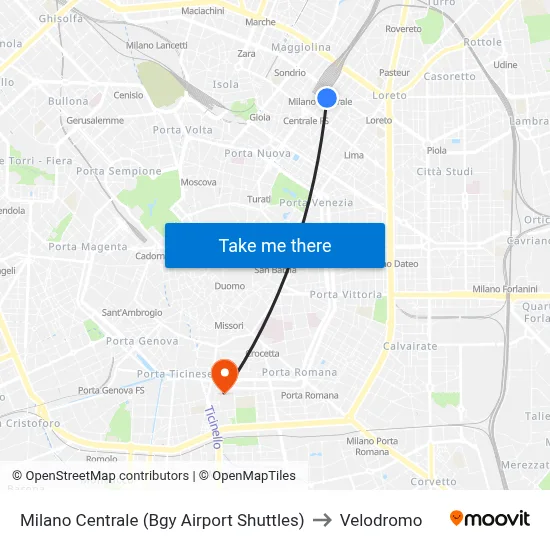 Milan Central (Bgy Airport Shuttles) to Velodrome map