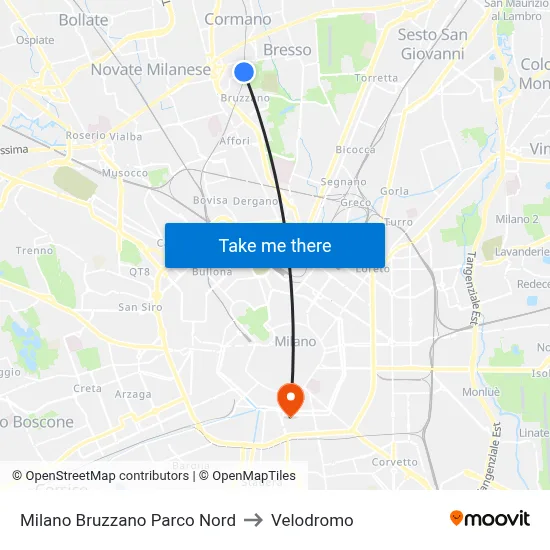 Milan Bruzzano North Park to Velodrome map
