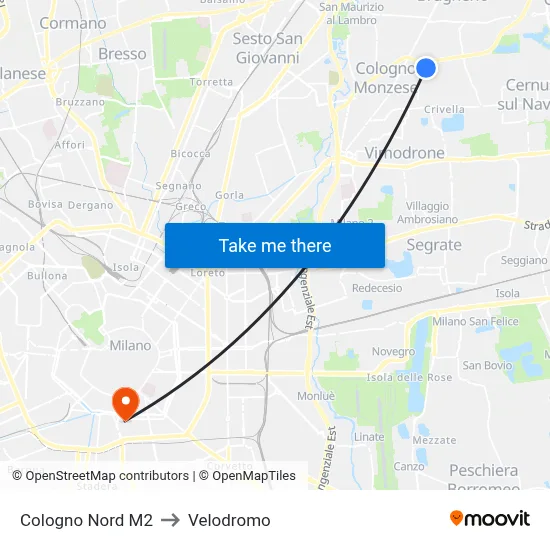 Cologno Nord M2 to Velodrome map