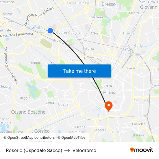Roserio (Sacco Hospital) to Velodrome map