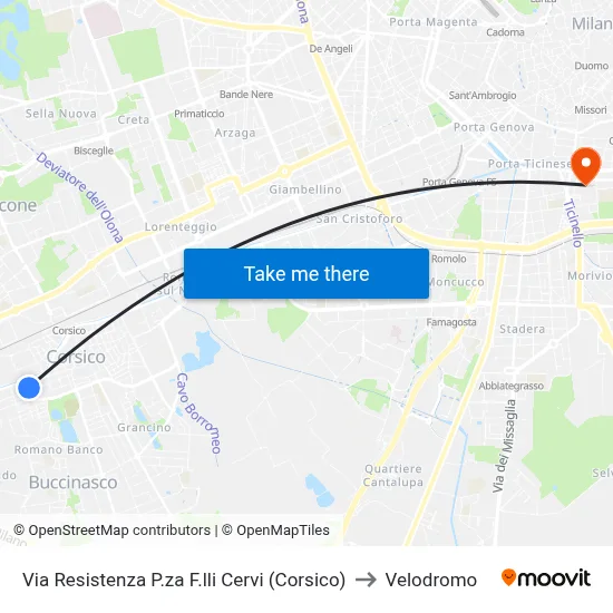 Via Resistenza P.za F.lli Cervi (Corsico) to Velodrome map