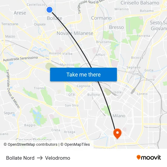 Bollate North to Velodrome map