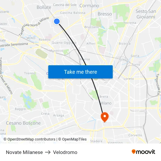 Novate Milanese to Velodrome map