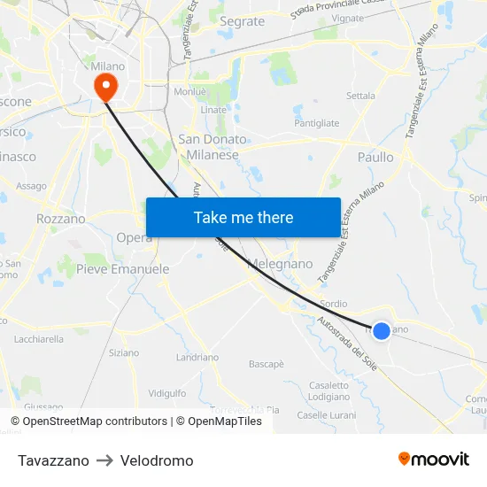 Tavazzano to Velodrome map