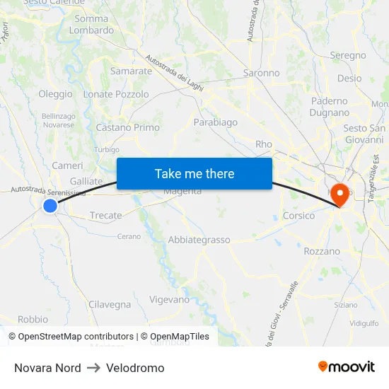 Novara North to Velodrome map