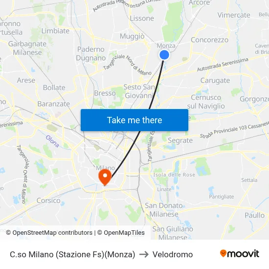 Corso Milano (Railway Station)(Monza) to Velodrome map