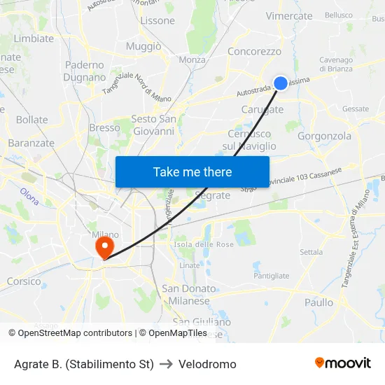 Agrate B. (Stabilimento St) to Velodrome map