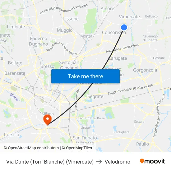 Via Dante (White Towers) (Vimercate) to Velodrome map