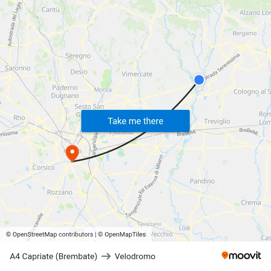 A4 Capriate (Brembate) to Velodrome map