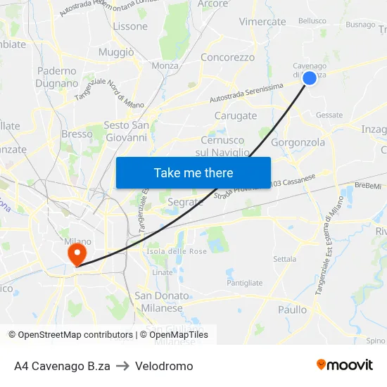 A4 Cavenago Brianza to Velodrome map