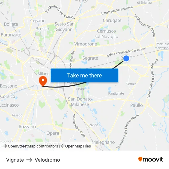 Vignate to Velodrome map