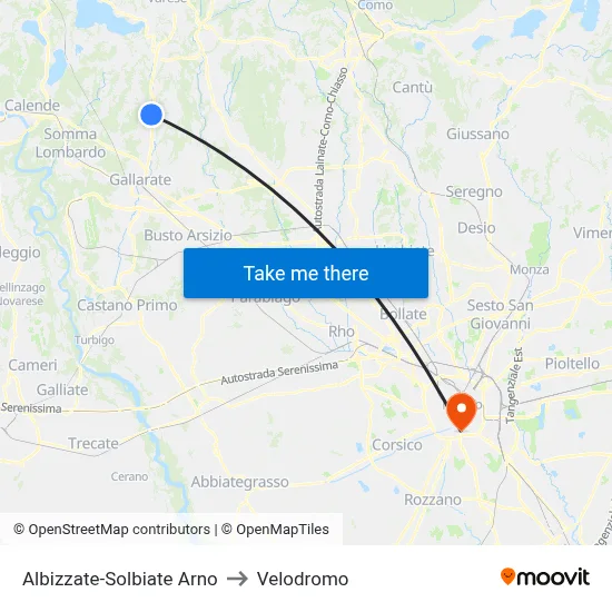 Albizzate-Solbiate Arno to Velodrome map