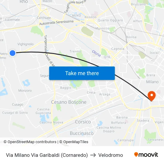 Via Milano Via Garibaldi (Cornaredo) to Velodrome map