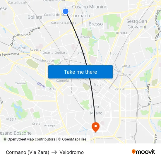 Cormano (Zara Street) to Velodrome map
