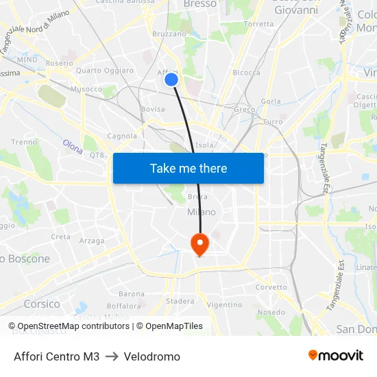 Affori Center M3 to Velodrome map