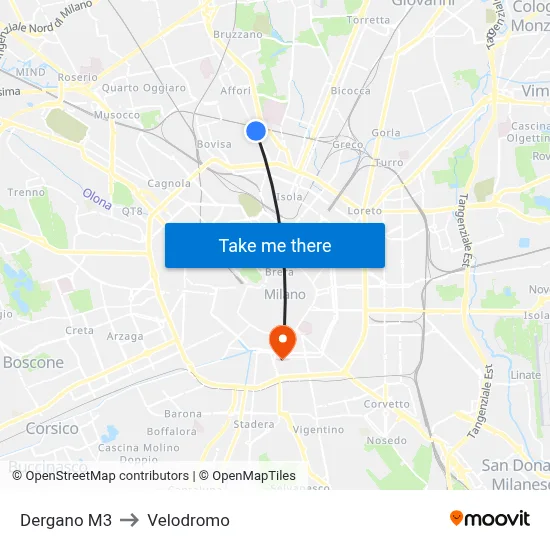 Dergano Metro Line 3 to Velodrome map