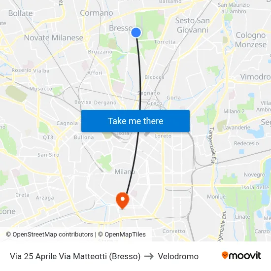 April 25th Street Matteotti Street (Bresso) to Velodrome map
